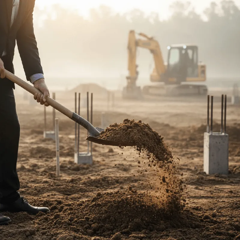 Hình ảnh thực hiện nhát cuốc đầu tiên xuống đất trong lễ động thổ