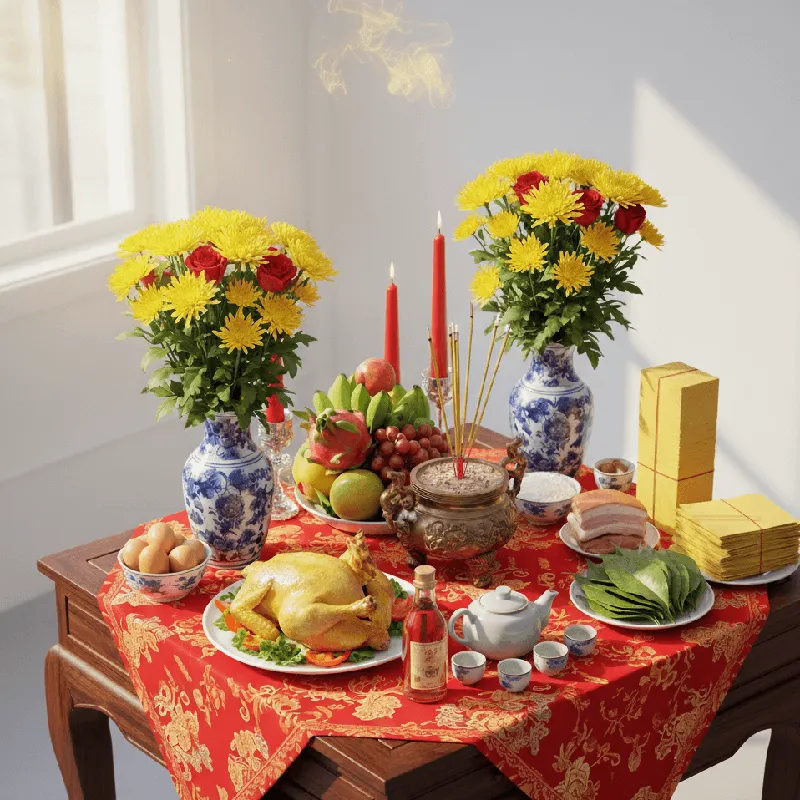 Chi tiết các lễ vật cần thiết trong mâm cúng động thổ: bộ tam sên, gà luộc, ngũ quả