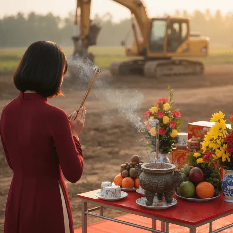 Gia chủ ăn mặc chỉnh tề thành tâm khấn vái trong lễ động thổ xây nhà