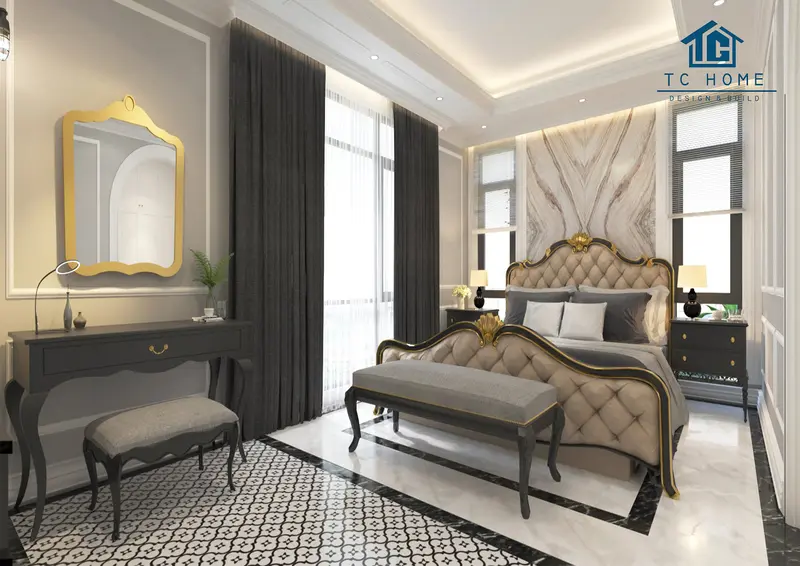 Bàn trang điểm nhỏ gọn và hiện đại trong phòng ngủ với gương tròn và ánh sáng tốt