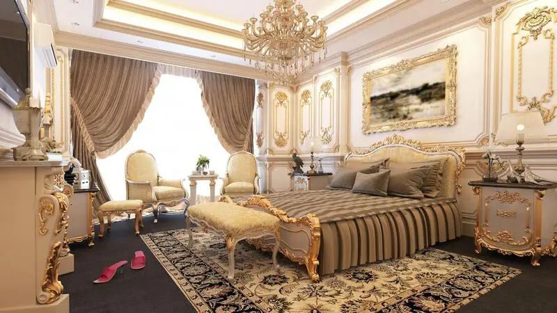 Nội thất phòng ngủ sang trọng phong cách Luxury với vật liệu cao cấp và đèn chùm