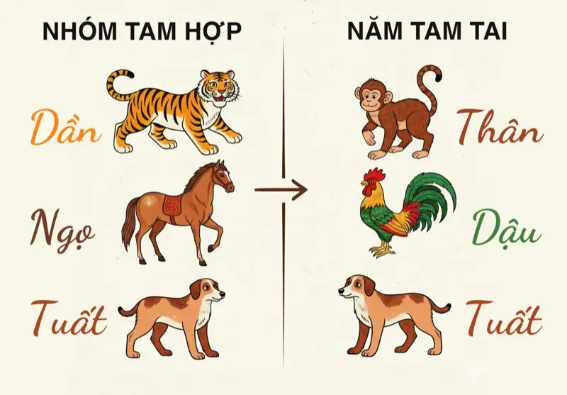 Nhóm tuổi Dần - Ngọ - Tuất và năm tam tai tương ứng