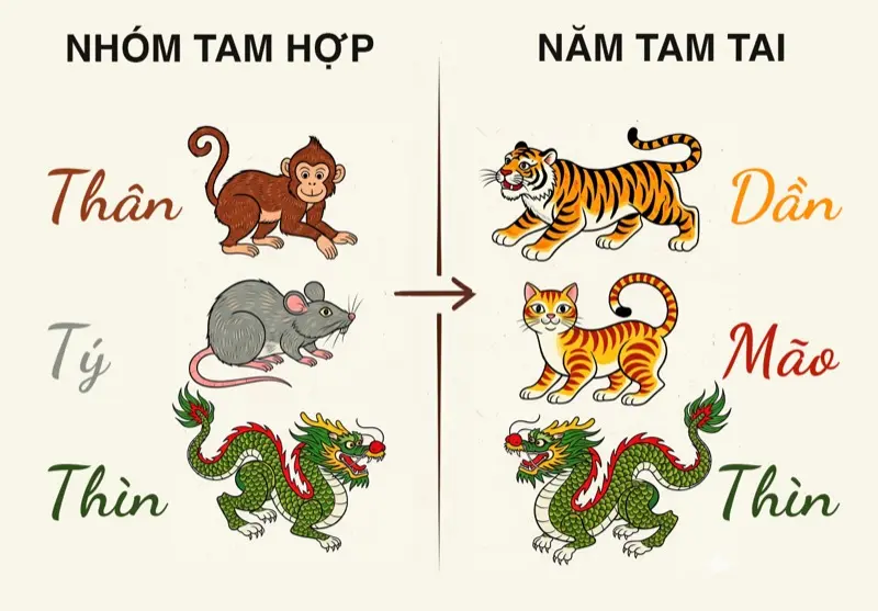 Nhóm tuổi Thân - Tý - Thìn và năm tam tai tương ứng