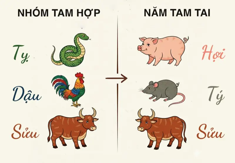 Nhóm tuổi Tý - Dậu - Sửu và năm tam tai tương ứng