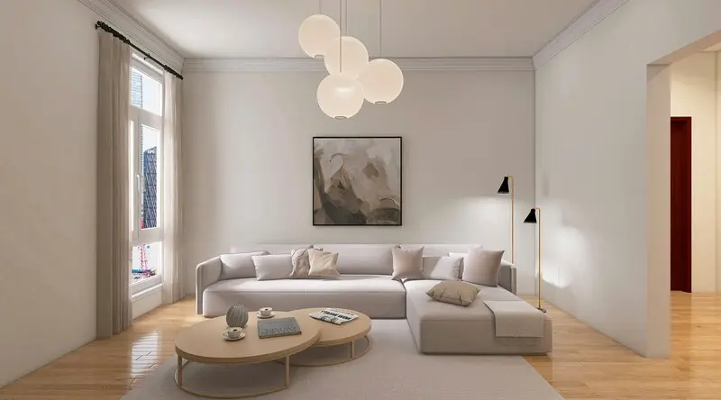 Thiết kế phòng khách hiện đại với nội thất tối giản và tông màu trung tính
