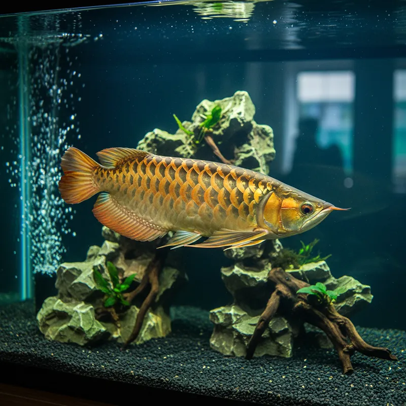 Một con cá Rồng (Arowana) màu vàng óng bơi lội uyển chuyển trong bể cá phong thủy lớn, kích hoạt dòng chảy tài lộc.
