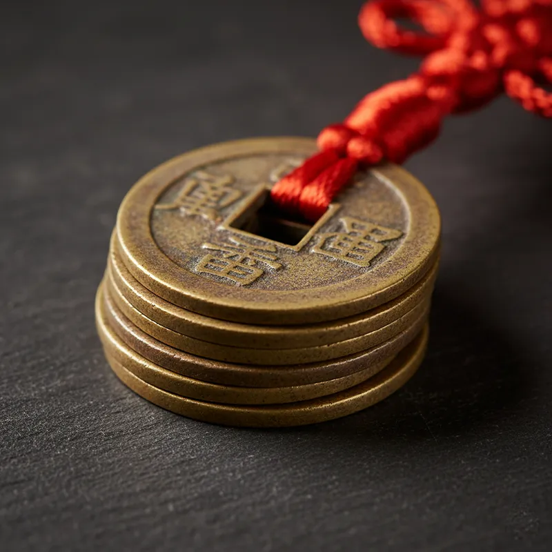 Cận cảnh xâu 3 đồng tiền xu phong thủy cổ bằng đồng, được buộc lại bằng sợi chỉ đỏ may mắn.