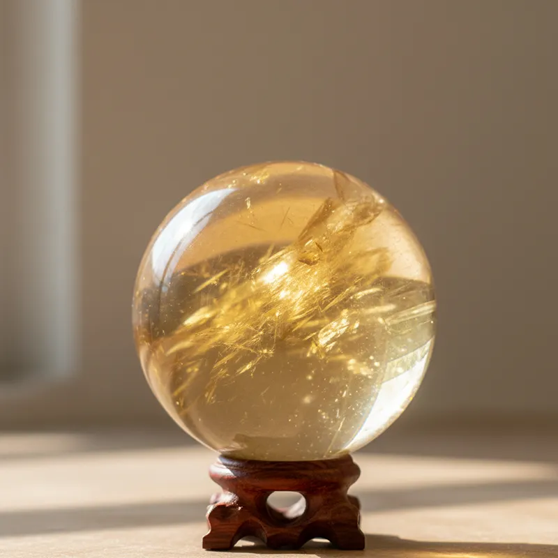 Quả cầu phong thủy bằng đá thạch anh vàng (citrine) trong suốt, đặt trên bàn làm việc giúp đầu óc minh mẫn, thu hút cơ hội kinh doanh.