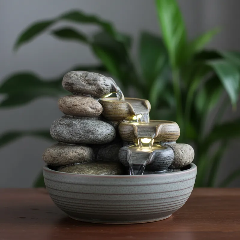 Hình ảnh thác nước phong thủy mini để bàn, nước chảy róc rách qua các tầng đá, giúp kích hoạt dòng chảy tiền bạc và năng lượng.