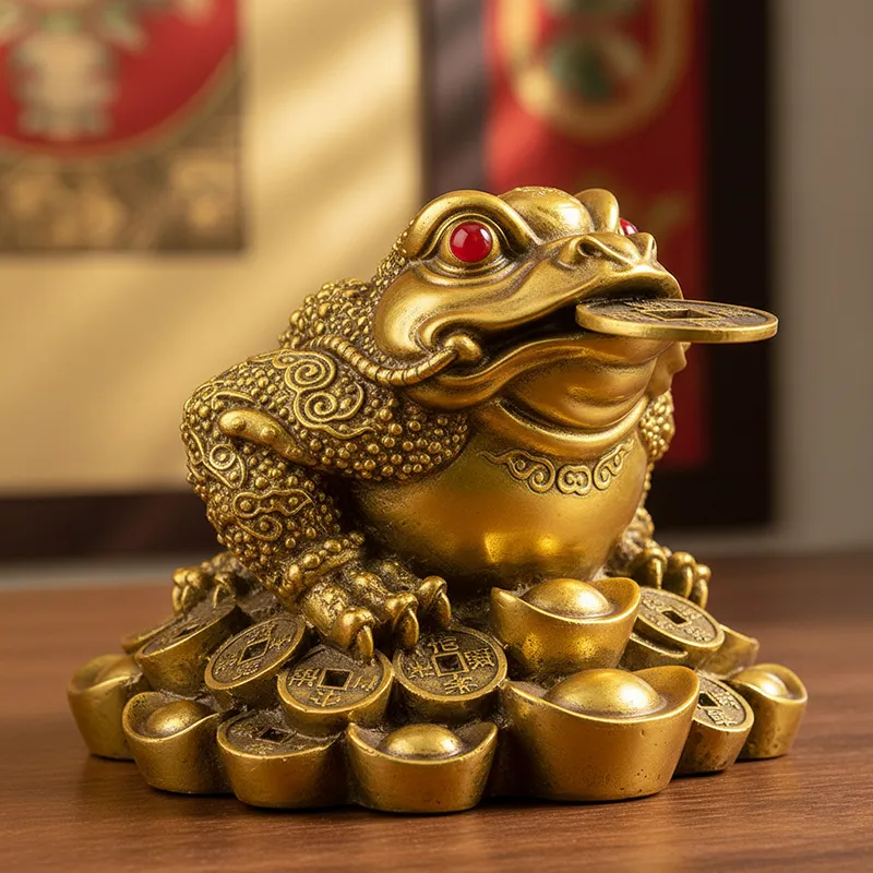 Tượng Thiềm Thừ (cóc ba chân) bằng đồng đang ngậm đồng tiền vàng, biểu tượng cho may mắn tiền bạc.