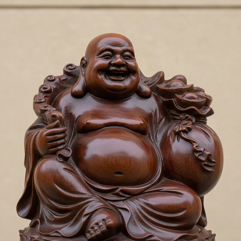 Tượng Phật Di Lặc bằng gỗ (Phật Cười) với nụ cười hiền hậu và túi vải lớn, mang lại hạnh phúc và thịnh vượng cho gia chủ.