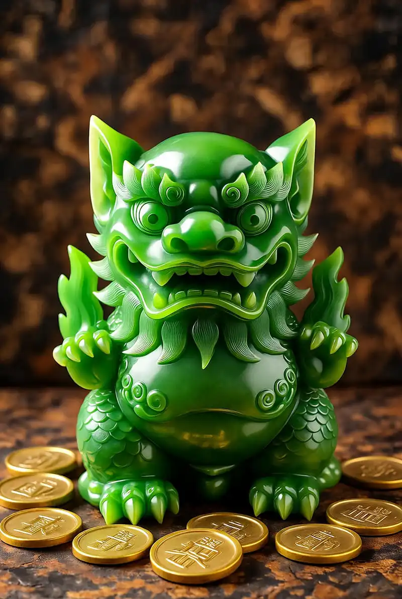 Tượng Tỳ Hưu phong thủy bằng ngọc xanh đặt trên bàn làm việc giúp chiêu tài, giữ lộc.