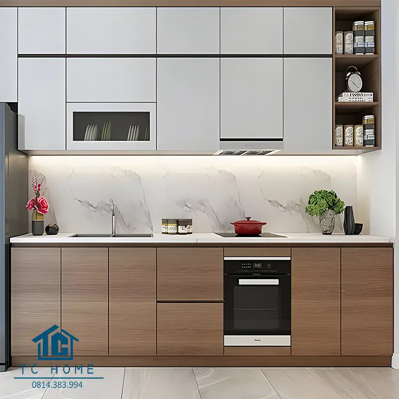 Nhà cấp 4 đẹp đơn giản với tủ bếp gỗ công nghiệp